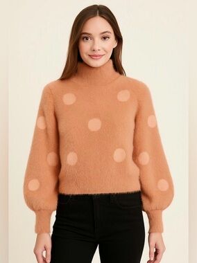 ELIE TAHARI Oversized Balloon Sleeve Pink & Brown Cozy Polka Dot Fuzzy Sweater